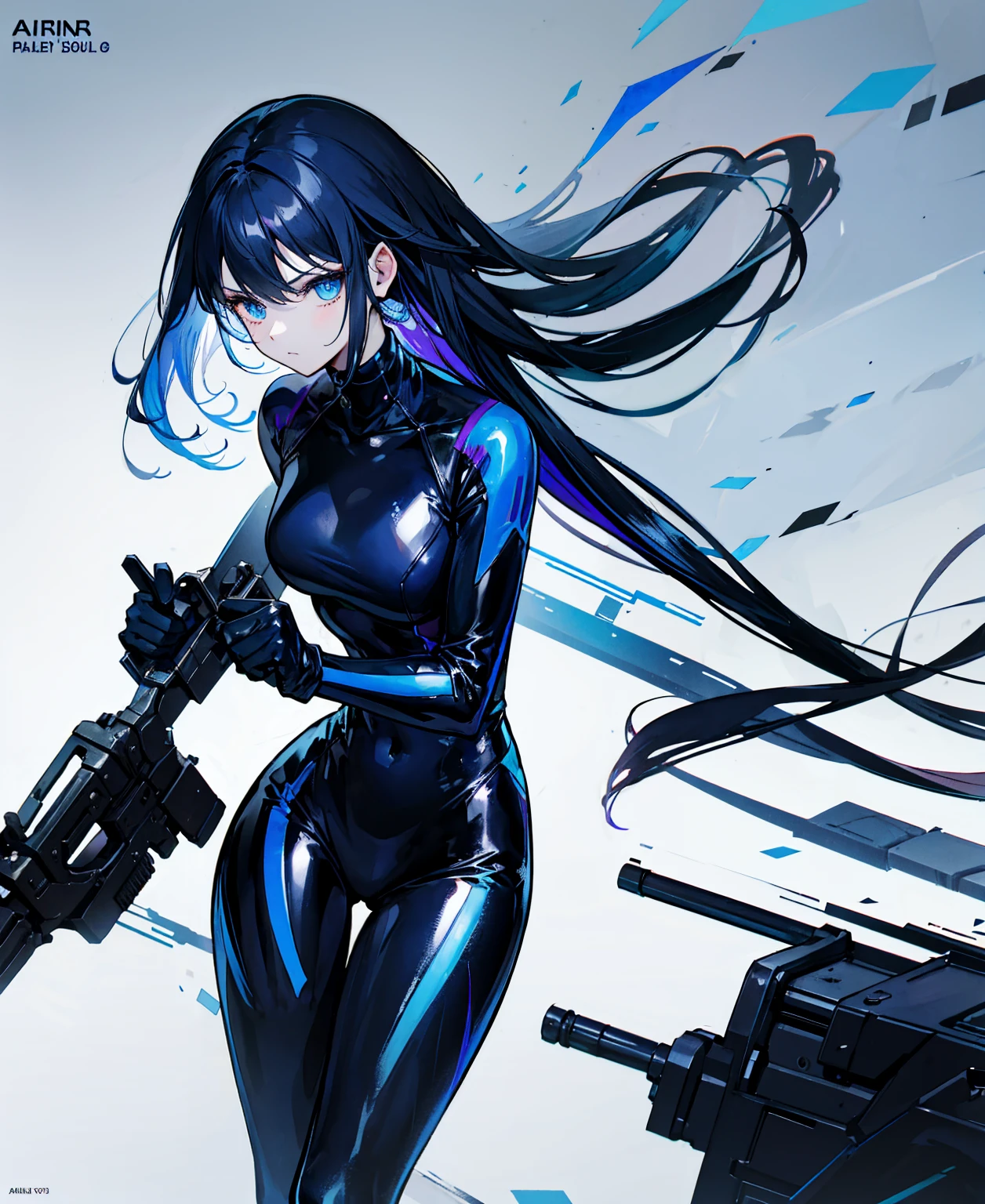 There is no background,girl,Carry a firearm,Patent leather tight suit,Use of firearms,Navy blue long hair,attention arousal,Blue colored eyes,No gradients