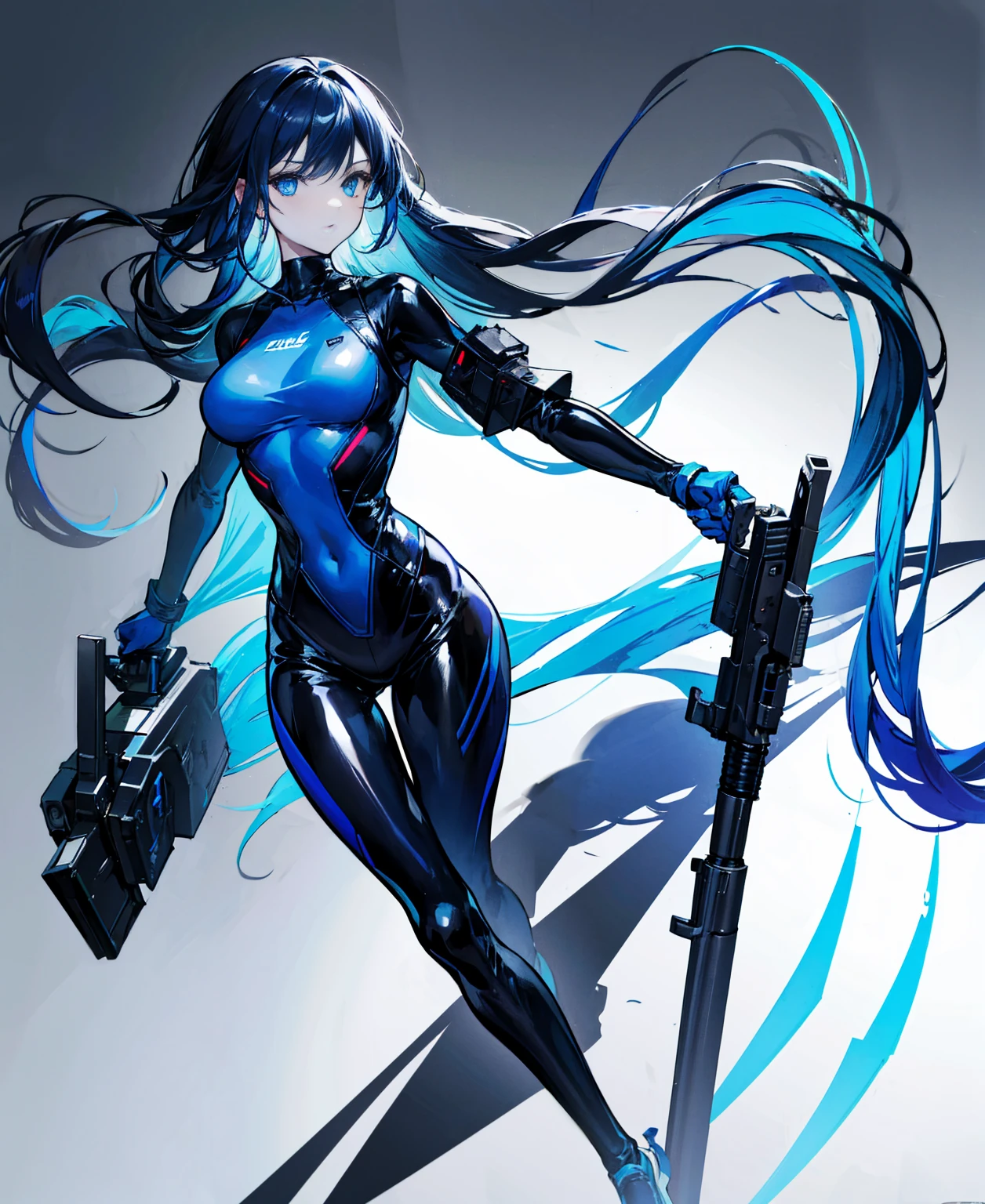 There is no background,girl,Carry a firearm,Patent leather tight suit,Use of firearms,Navy blue long hair,attention arousal,Blue colored eyes,No gradients