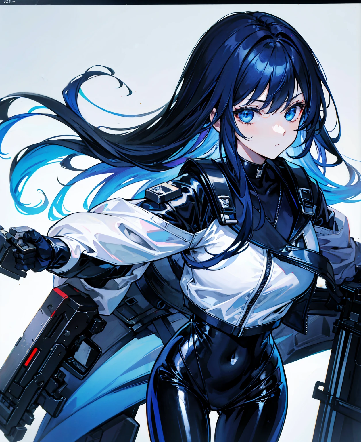 There is no background，girl，Carry a firearm，Patent leather tight suit，Use of firearms，Navy blue long hair，attention arousal，Blue colored eyes,No gradients