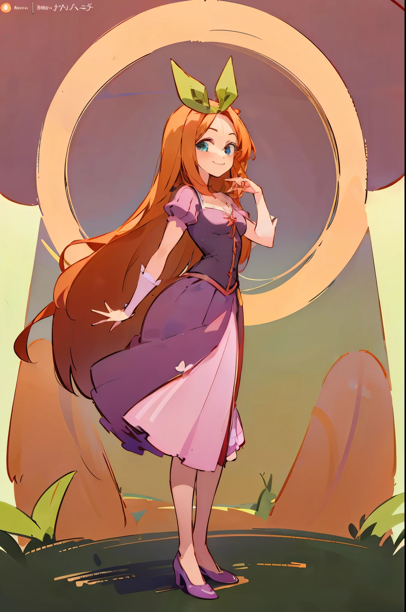 Fusion between Rapunzel from disney and Yotsuba Nakano, good fusion, excellent character design, masterpiece, 4k, perfect anatomy, perfect face, perfect eyes, 1girl, solo, full body, yotsuba nakano wearing rapunzel's dress, long long orange hair, red hair, pink hair, orange hair, extremely long hair, green ribbon on hair, hair ribbon, blue eyes, athletic, muscular, purple rapunzel dress, smiling, cute, lovely, lovely expression, simply nature magical background, full body, standing up