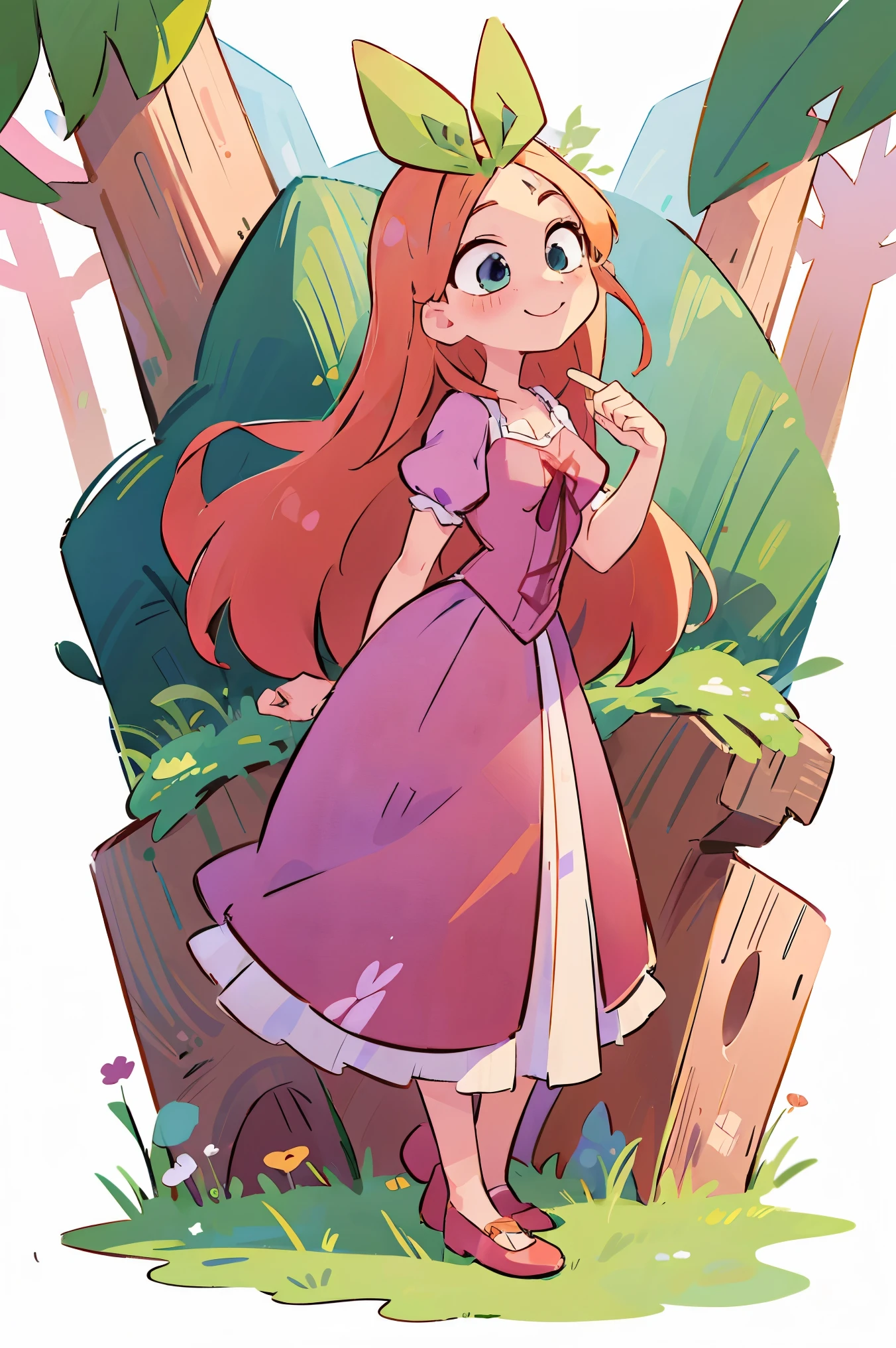 Fusion between Rapunzel from disney and Yotsuba Nakano, good fusion, excellent character design, masterpiece, 4k, perfect anatomy, perfect face, perfect eyes, 1girl, solo, full body, yotsuba nakano wearing rapunzel's dress, long long orange hair, red hair, pink hair, orange hair, extremely long hair, green ribbon on hair, hair ribbon, blue eyes, athletic, muscular, purple rapunzel dress, smiling, cute, lovely, lovely expression, simply nature magical background, full body, standing up