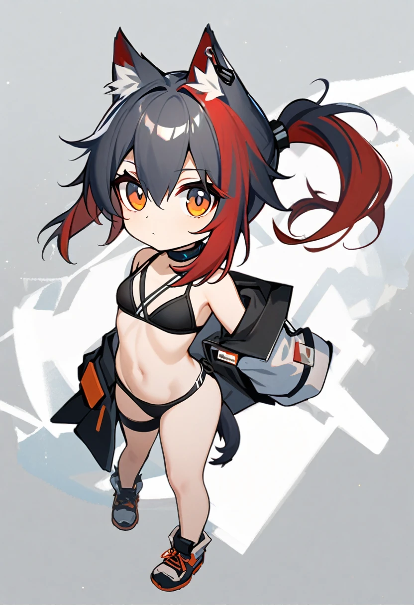 texas (arknights), black ponytail hair, wolf ears, long ponytail hair, wolf ears, bangs, animal ear_fluff, hair between_eyes, multicolored hair, red hair, full body, two-tone hair, brown eyes, small breast, petty, 1girl solo only, bikini, looking at the viewer 