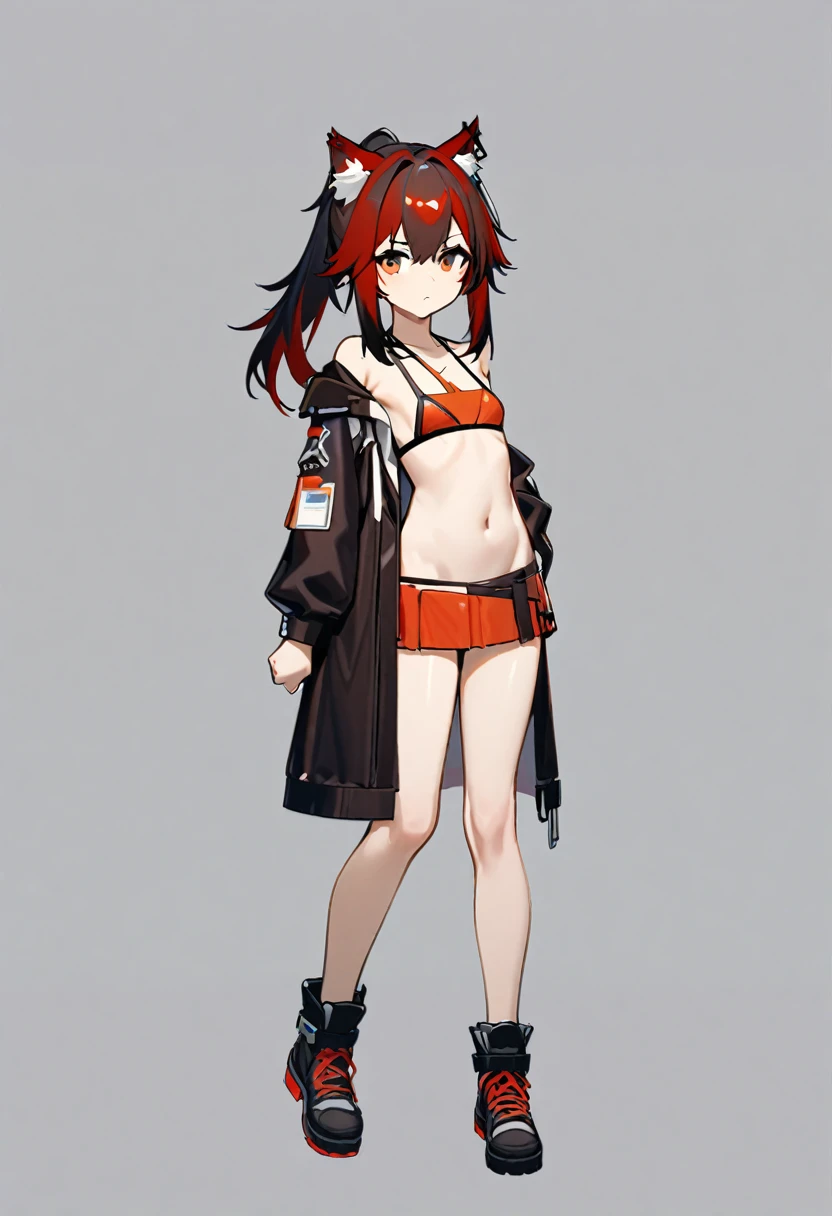 texas (arknights), black ponytail hair, wolf ears, long ponytail hair, wolf ears, bangs, animal ear_fluff, hair between_eyes, multicolored hair, red hair, full body, two-tone hair, brown eyes, small breast, petty, 1girl solo only, bikini, looking at the viewer