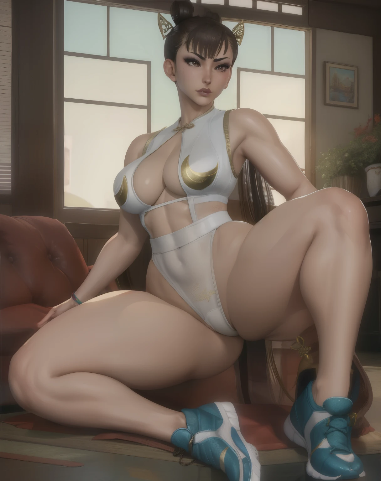 chun li, street fighters, brown hair, brown eyes, double bun, bimbo lips, hair ribbon,
pelvic curtain, bangles, cleavage, shoes,
thick thighs, leg up, wearing dark blue qipao, large behind, perfect body, sitting on chair, pussy,
morning, temple, indoors,
(insanely detailed, beautiful detailed face,beautiful detailed eyes, masterpiece, best quality) , solo, big ass, thick thighs, wide hips, dark blue qipao, (chun li), thong,
