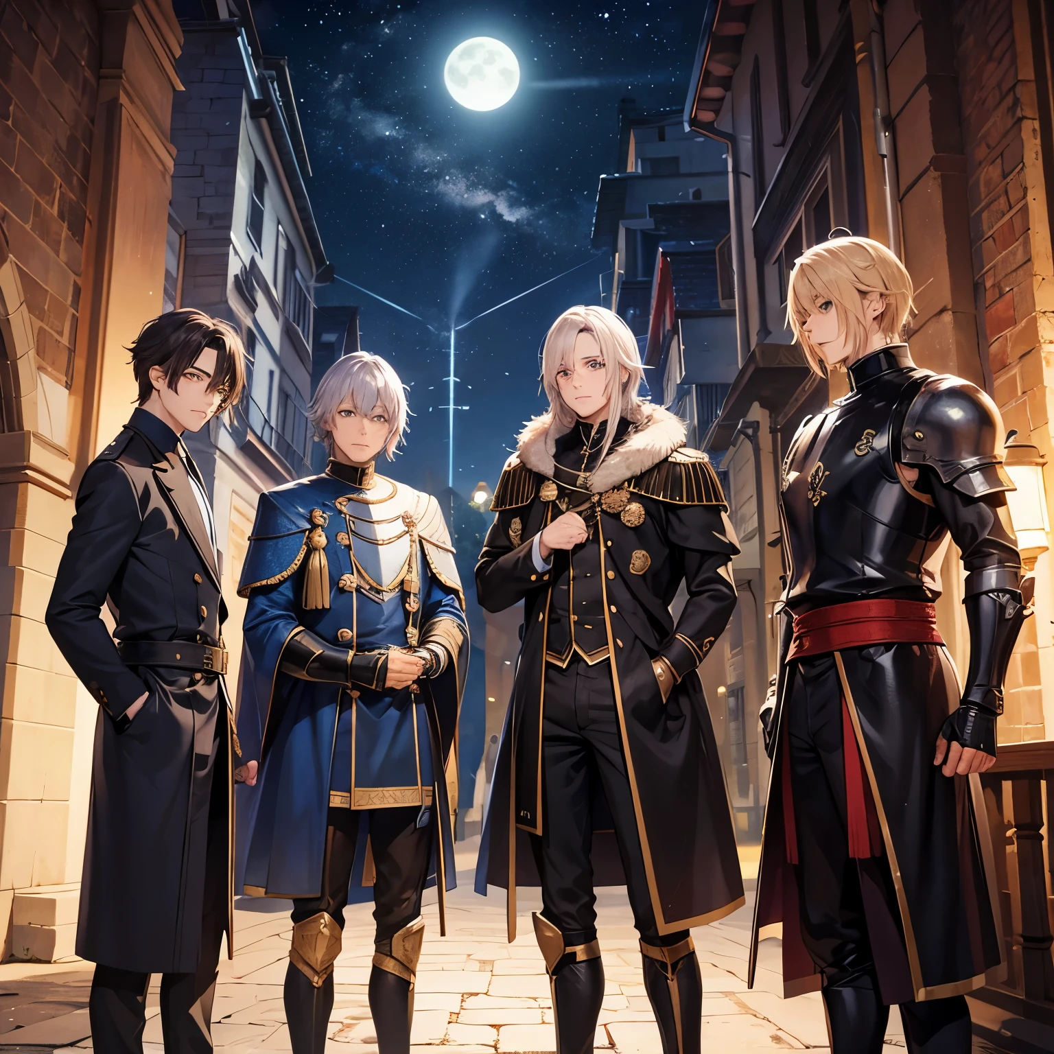 2 knights, men, 30 years old, different hairstyles, different hair colors, night, standing, ultra detail, ultra HD