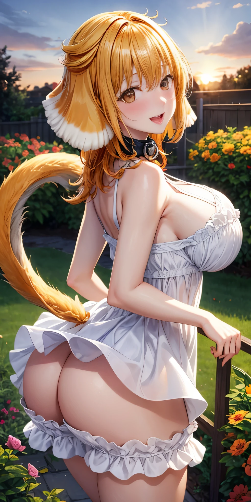 masterpiece, best quality, roxanne, dog ears, fluffy dog ears, collar, sundress, looking at viewer, garden, autumn, sunset, large breasts, ass, smile edgYSD, woman wearing a sundress, very voluminous very fluffy very long dog tail, dog tail starts immediately above butt, dog tail starts from skin, entire dog tail visible, short hair, bloomers, flushed skin, blushing face, red cheeks, lewd smile, slightly open mouth, gravure, pinup, very long legs, no ears, open-back dress