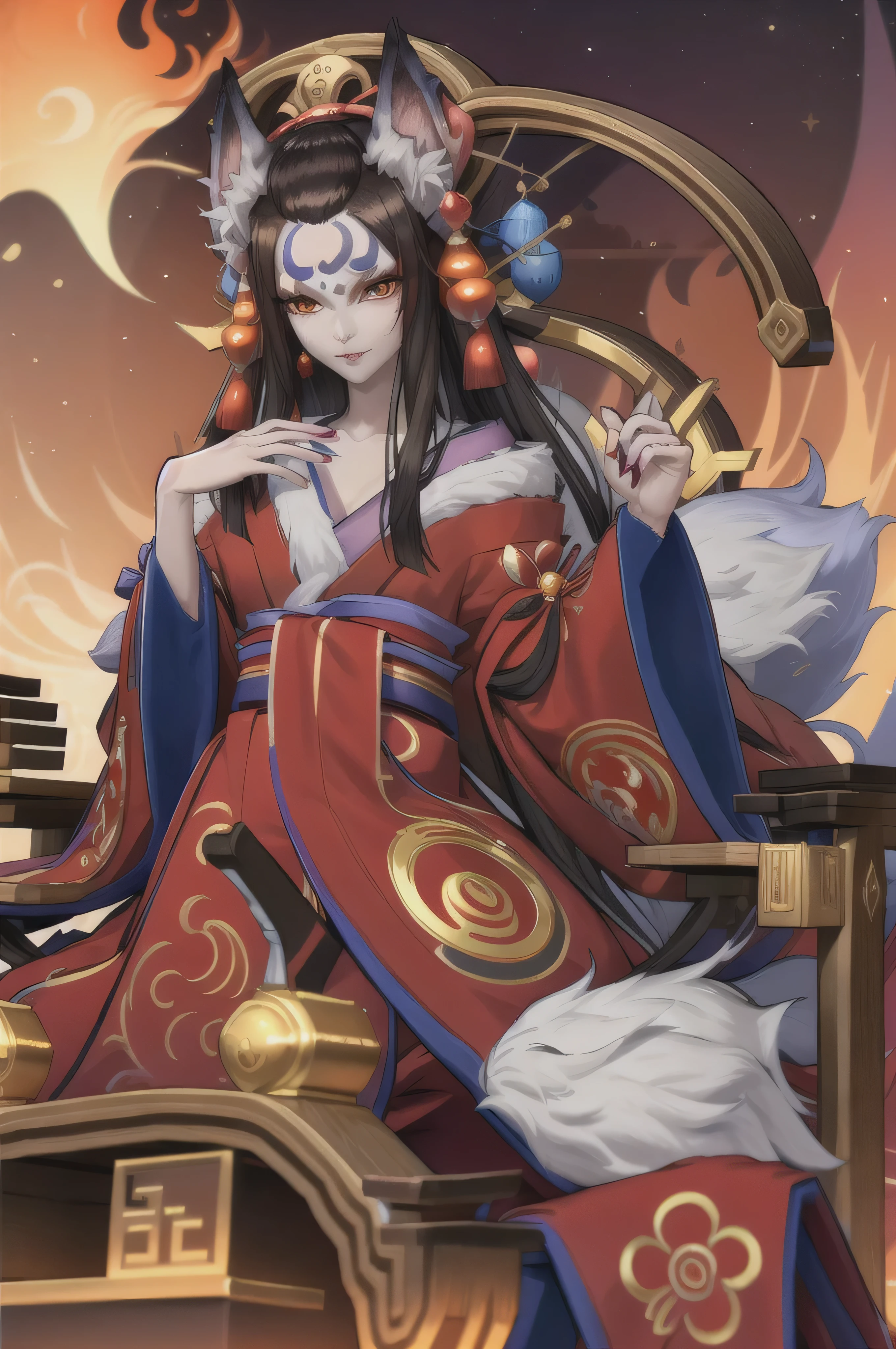 yuanshen,1girl,animal ears,multiple tails,tail,japanese clothes,fox ears,fox tail,kimono,sitting,kitsune,wide sleeves,fox,holding,long hair,kyuubi,hand fan,animal,hair ornament,solo,looking at viewer,bangs,long sleeves,black hair,rope,holding fan,brown hair,makeup,bell,torii,mask,fox girl,perfect hands,