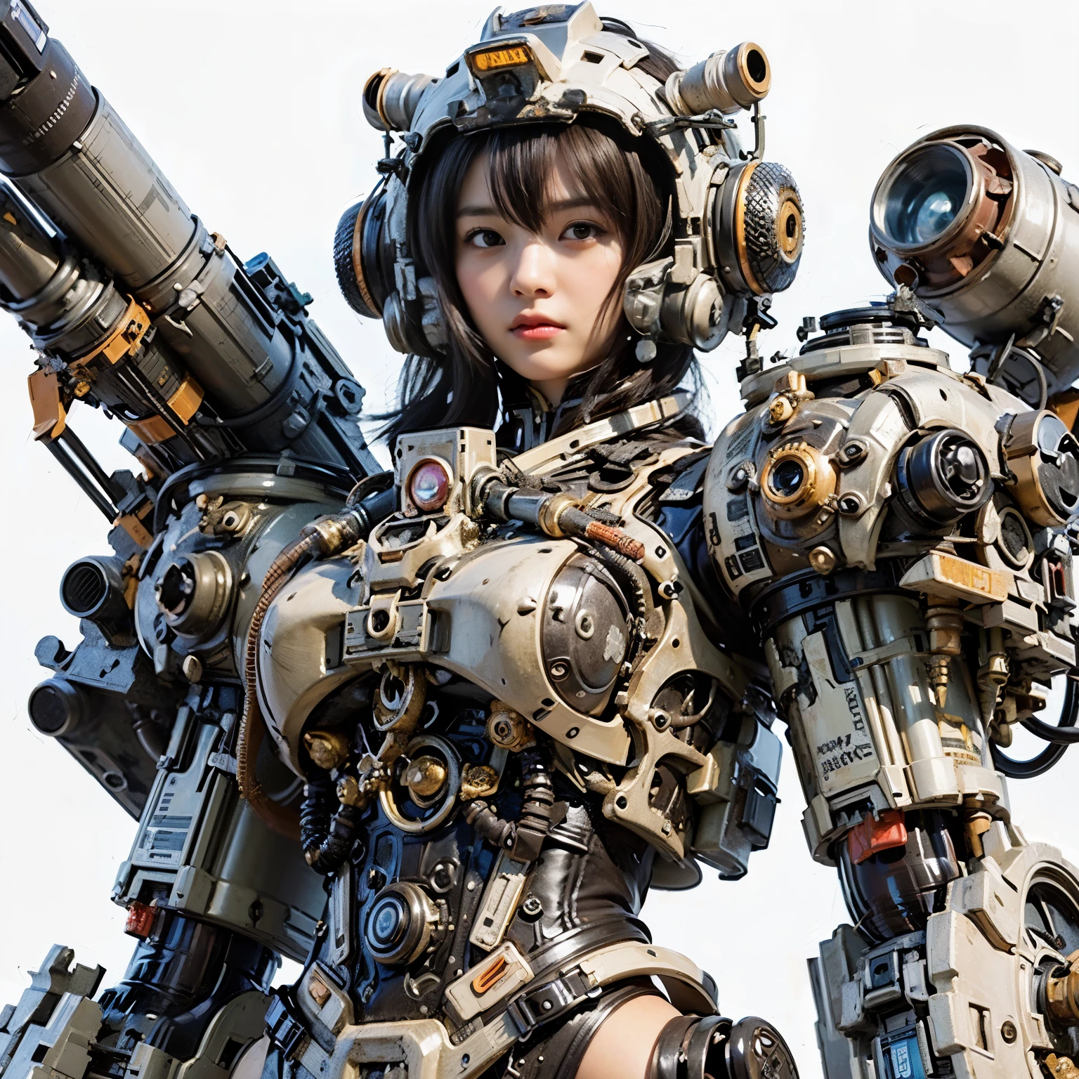 (masterpiece, best quality:1.2), (8k uhd, 16k, 32k, ultra high res), (photorealistic:1.37), (RAW photo), ultimate-realistic, ultimate-realistic details, ultimate-realistic texture, ultimate-intricate details, ultimate-realistic lighting, ultimate-realistic shadow, japanese girl, ultimate-cute face, ultimate-RAW skin, ultimate-realistic eyes, woman in powered suit, cannon mounted on shoulder, very cute face, mechanical, extremely intricate details, full body shot, ultimate photorealistic, clear stream