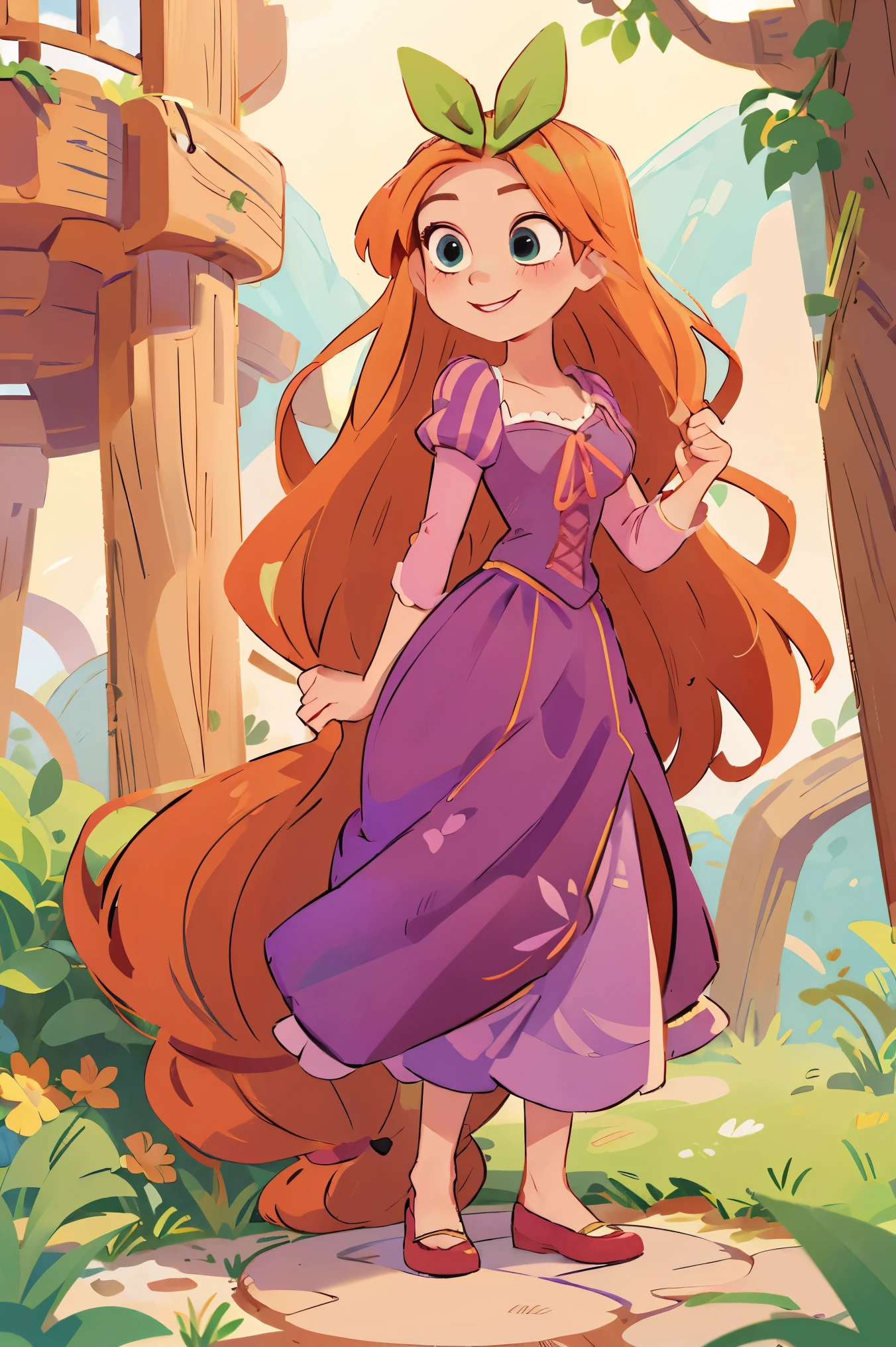 Fusion between Rapunzel from disney and Yotsuba Nakano, good fusion, excellent character design, masterpiece, 4k, perfect anatomy, perfect face, perfect eyes, 1girl, solo, full body, yotsuba nakano wearing rapunzel's dress, long long orange hair, red hair, pink hair, orange hair, extremely long hair, bangs,  green ribbon on hair, hair ribbon, blue eyes, athletic, muscular, purple rapunzel dress, smiling, cute, lovely, lovely expression, simply nature magical background, full body, standing up