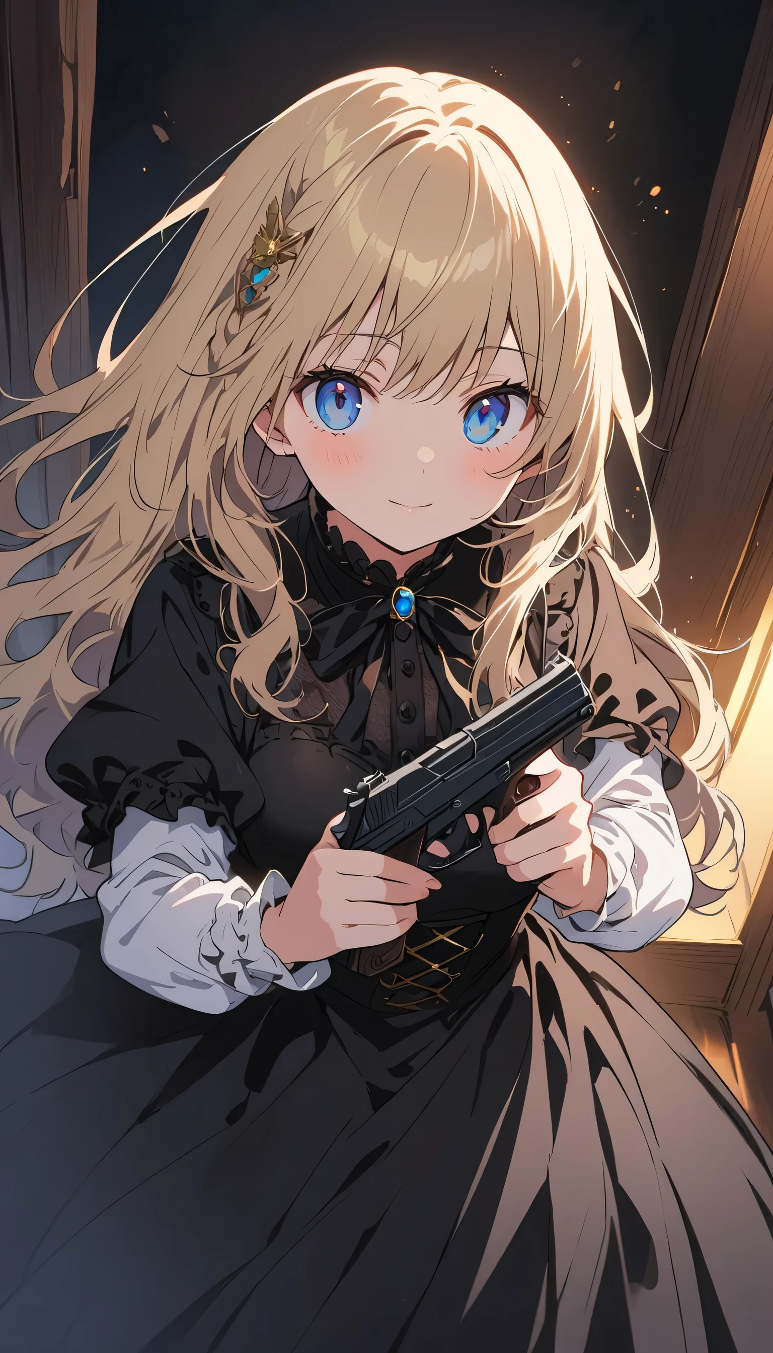 1 beautiful girl、Rin々A funny expression、(black victorian dress:1.4、Formal wear)、(Jewelry decoration)、(familiar:1.2)、(Holding a handgun in both hands、Dual pistols:1.6)、Action pose、Cool pose、Low waist posture、Complex skirt、steampunk、Full Body, (highest quality、masterpiece、High resolution、detailed)、anime style、Flat Style、High saturation、(Beautiful Eyes, Delicate and beautiful face, ),extremely detailed、(The Shining), Best lighting, Best Shadow、Dynamic Angle、anime