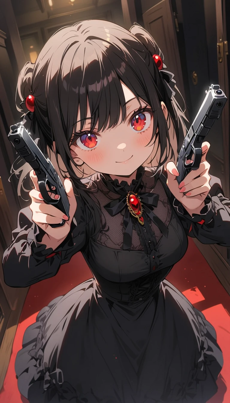 1 beautiful girl、Rin々A funny expression、(black victorian dress:1.4、Formal wear)、(Jewelry decoration)、(familiar:1.2)、(Holding a handgun in both hands、Dual pistols:1.6)、Action pose、Cool pose、Complex skirt、steampunk、Full Body, (highest quality、masterpiece、High resolution、detailed)、anime style、Flat Style、High saturation、(Beautiful Eyes, Delicate and beautiful face, ),extremely detailed、(The Shining), Best lighting, Best Shadow、Dynamic Angle、anime