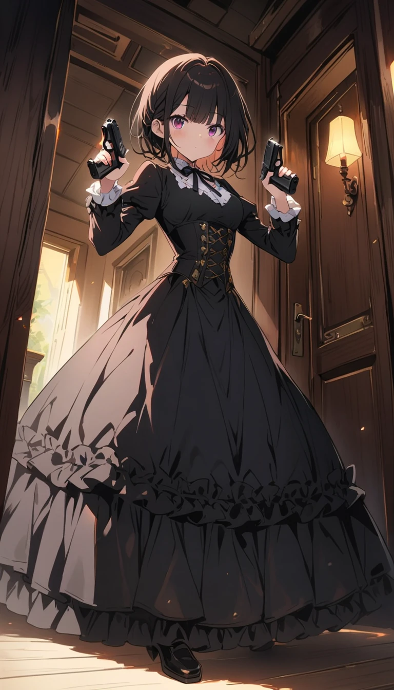 1 beautiful girl、Rin々A funny expression、(black victorian dress:1.4、Formal wear)、(Jewelry decoration)、(familiar:1.2)、(Dual pistols:1.6)、Action pose、Cool pose、Low waist posture、Complex skirt、steampunk、Full Body, (highest quality、masterpiece、High resolution、detailed)、animeスタイル、Flat Style、High saturation、(Beautiful Eyes, Delicate and beautiful face, ),extremely detailed、(The Shining), Best lighting, Best Shadow、Dynamic Angle、anime