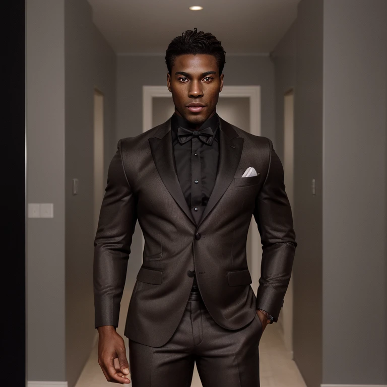 A black handsome male with glowing brown eyes, with a perfectly built body, a firm face, wearing a formal outfit 