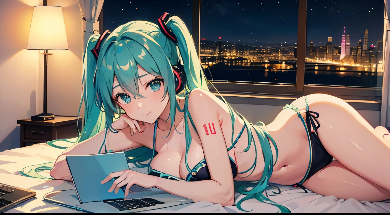 In bed with headphones、Studying on a laptop、Hatsune Miku in a bikini、Beautiful night view outside the window