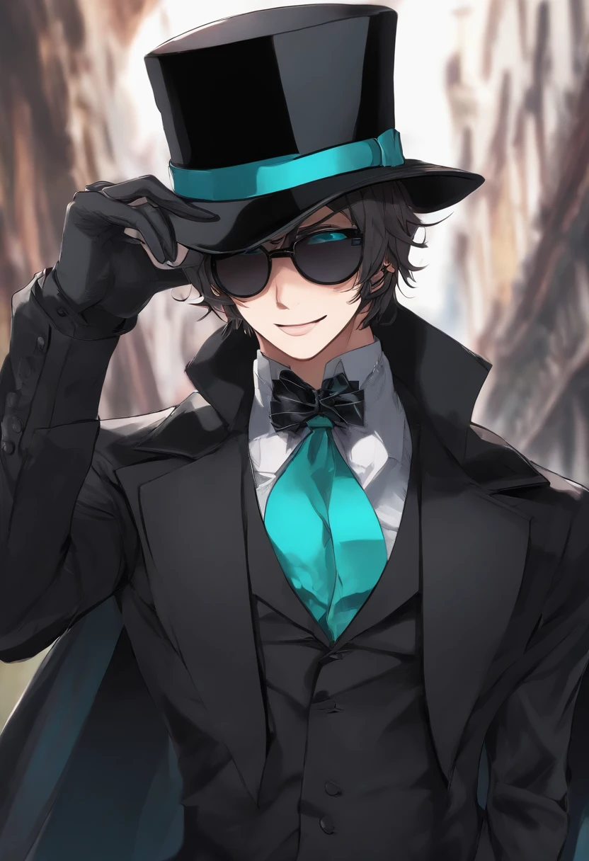1boy, solo, kurofuku, necktie, male focus, black suit, upper body, black pants,inky body,cyan eye,grin, wearing a top hat, mystery being, sunglasses, cloak