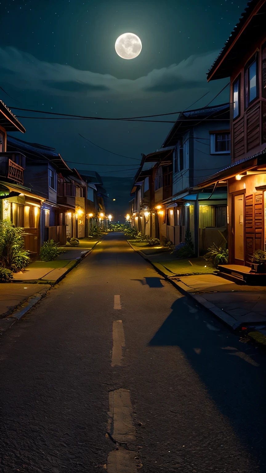 nighttime view of a street with a row of small houses and a full moon, villages ， unreal engine, realistic photo of a town, moonlit kerala village, nightime village background, night time render, photo-realistic low lighting, hdr render in unreal engine 5, beautiful and cinematic lighting, unreal engine 5 lighting, cinematic lighting at night, realistic unreal engine 5