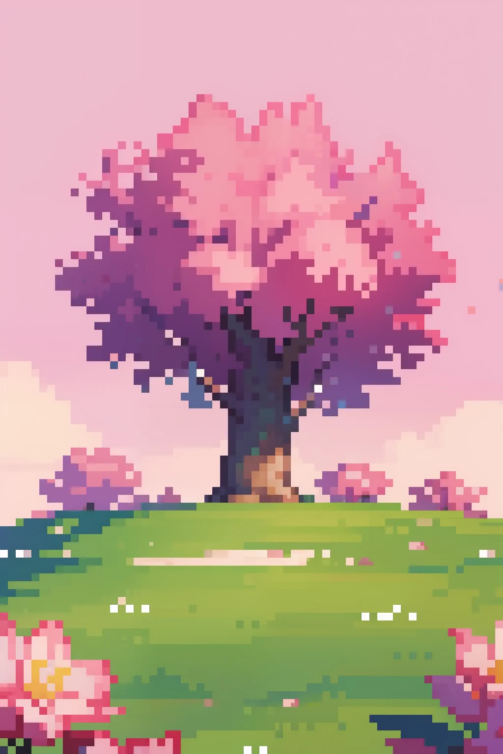 masterpiece,best quality,high quality, best quality, pixel_art,kai planet, pink sky, grass, tree, flowers