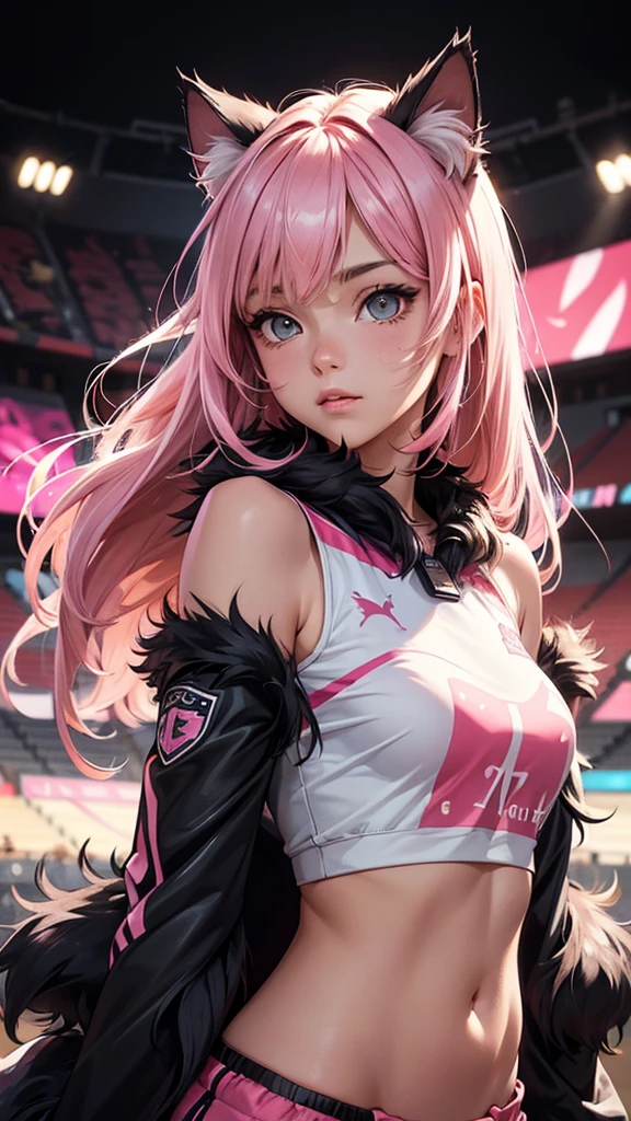 (high resolution, upper body, soft skin:1.2),(best illustration,masterpiece:1.2),ultra-detailed,[(cat ears,black fur,pink inside:1.2),vivid colors,sharp focus,portrait,studio lighting,bokeh, wearing a female soccer jersey and shorts, field background