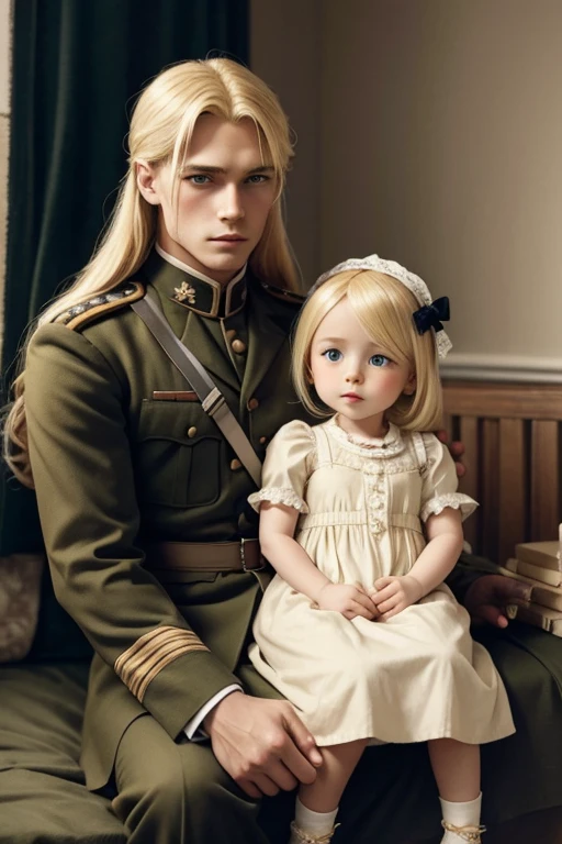 man blonde long hair soldier and woman blonde hair with doll dress 1920