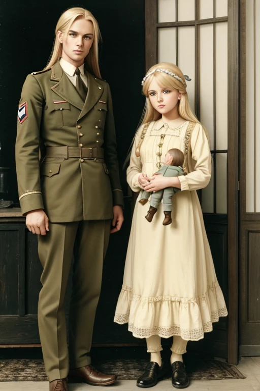 man blonde long hair soldier and woman blonde hair with  doll dress 1920