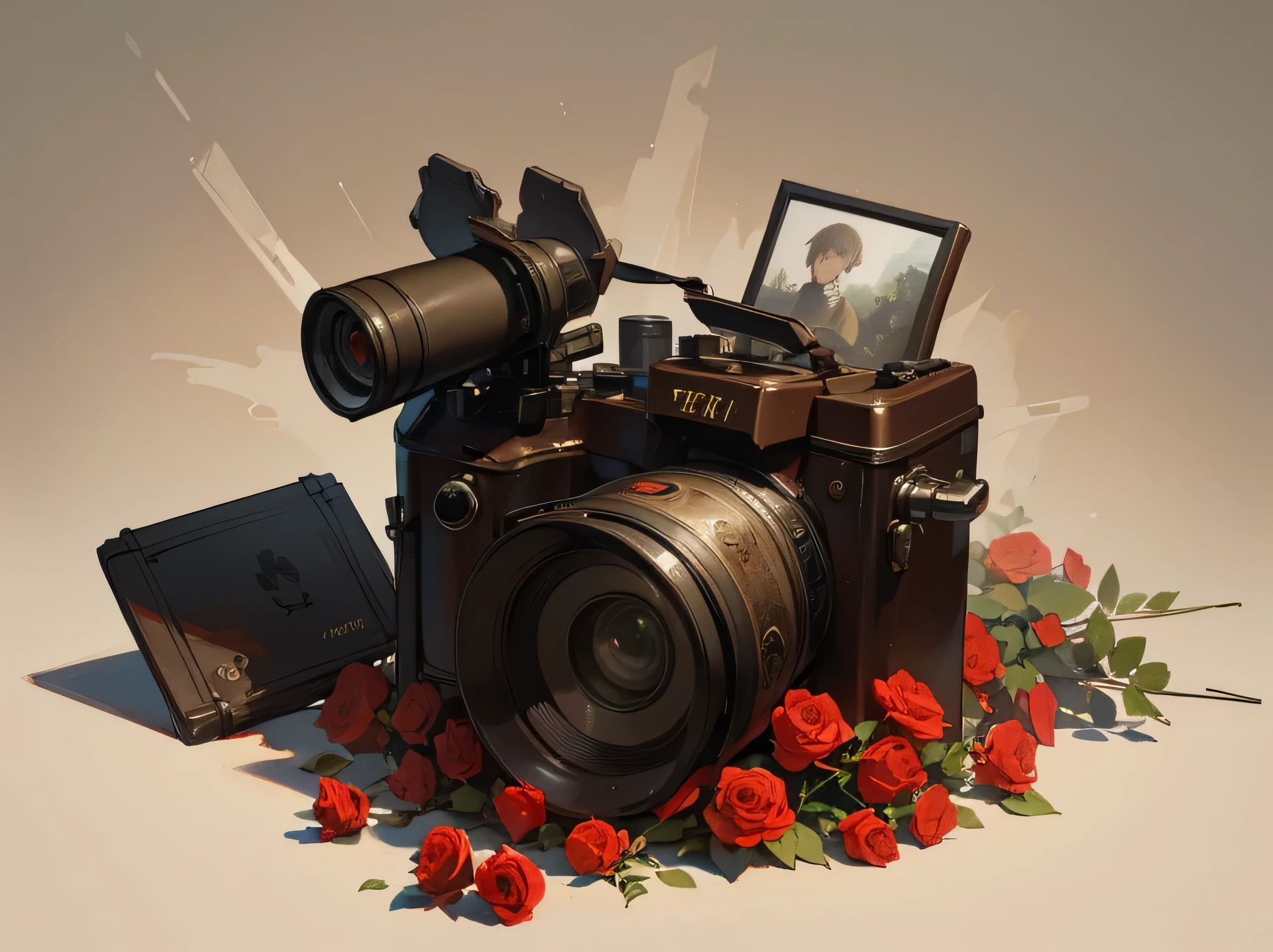 ((Best quality)), ((Portfolio title for the section "photo")), (detailed), beige background color, green thorns roses, BURGUNDY roses flowers. (((NO LETTERS))) (Lots of roses), elegance, (Camera, electronic, steampunk, Retro, roses), roses, stems, many red flowers. Camera.