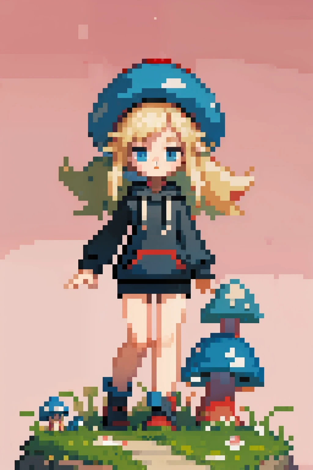 masterpiece,best quality,high quality, best quality, pixel_art,1girl,solo,blonde hair, crossed bangs, blue eyes, red mushroom hat, mushroom girl, black hoodie,cute,full body sprite,kai planet, pink sky, grass, tree, flowers