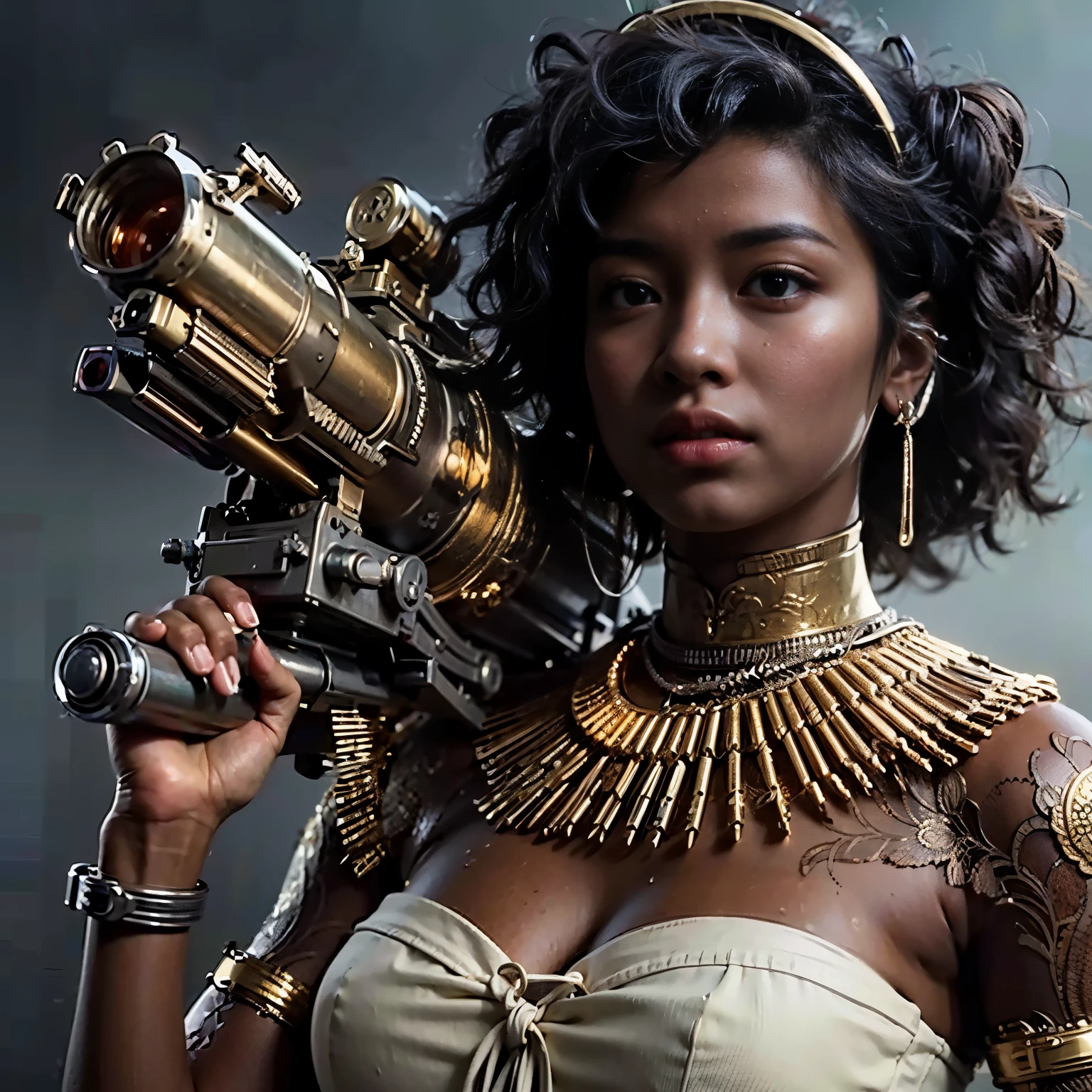 Girl flying on futuristic antigraviti gold hoverbord inbthe jungle. Girl naked in gold body jewelry, Highly Detailed Face and Skin Texture, big green eyes, juicy lips, bimbo lips, white skin, (afro curly Black hair), pale skin, Detailed Eyes, Double Eyelids, afro curly black hair, gold metal cyberpunk tapes, metal Collar, metal gold futuristic ((vaginal piercing)), gold jewelry on wet body, wet skin. She od naked, full body, naked, White skin, she is on the futuristic cyberpunk white and Black room in the spacecraft. Piercing in the nose.