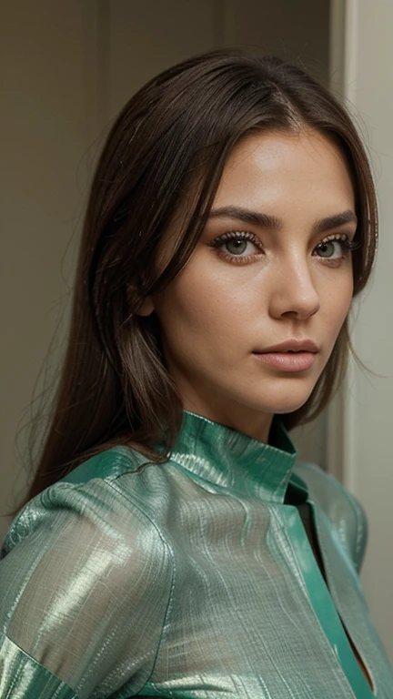 Sofia is a woman of average height, com cabelos longos e castanhos que caem em ondas suaves sobre seus ombros. His eyes are an intense green, reflecting your curiosity and determination. Your appearance is elegant and professional, with a sophisticated and contemporary style.