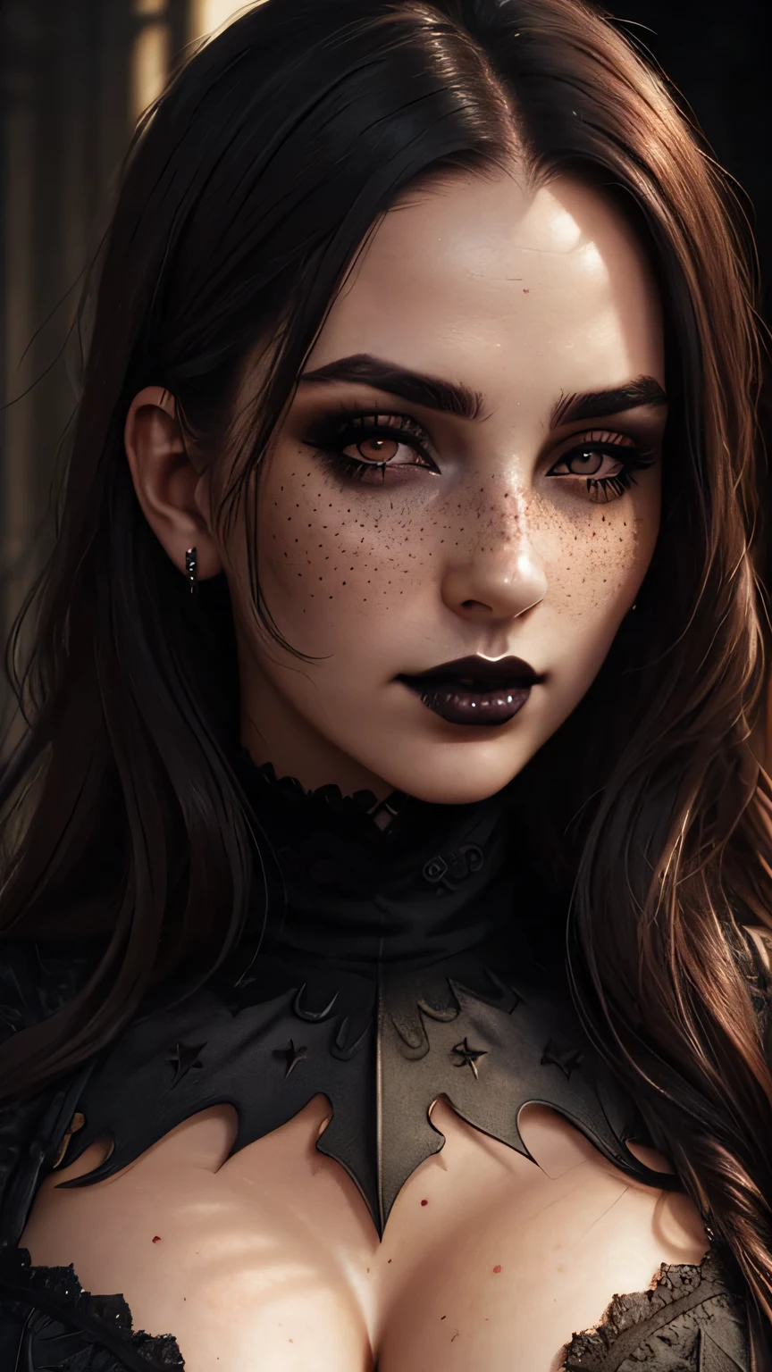 (best quality, hyperdetailed photography:1.2), beautiful lady, freckles, gothic dark makeup, soft light, perfect breast, cover, (detailed beautiful face, detail skin texture, ultra-detailed body:1.1) sexy vampire girl,