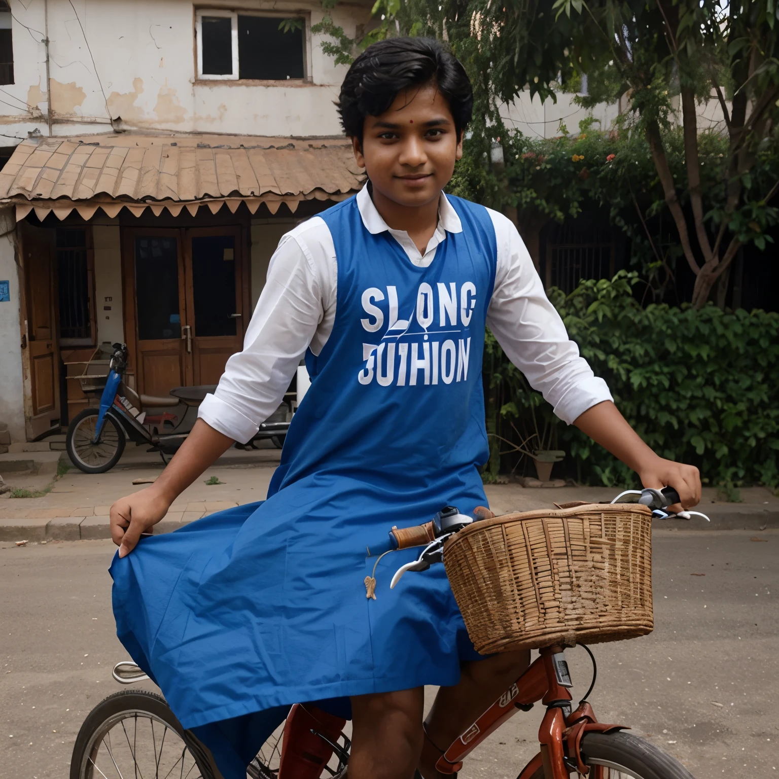 An Indian boy whose dress has Vikas Duhoon written on it and is riding a bike named Discover