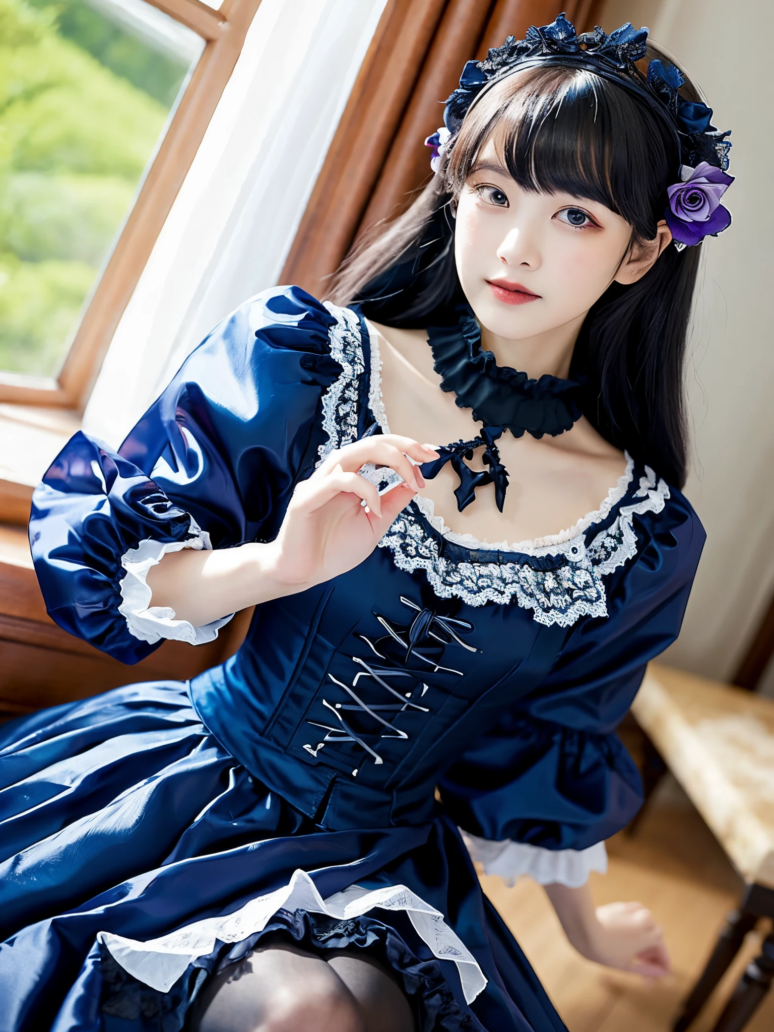 ((masterpiece)),((highest quality)),(Very detailed),(figure),((Very delicate and beautiful)),(Dynamic Angle),
One teenage girl, Flowers, spring, Next to the window, Rose, Very long hair, Detailed face, Long eyelashes, flowers in the eyes, Ruffle sleeves, corset, tiara, Princess,
Black Eye, Eyes Wide Open, sunny, Dawn, sunny, Dark blue silk satin dress, Long sleeve、Puff sleeves、Rose, Straight long hair、Straight cut bangs、Black Hair, Patterned clothing, (Gothic:1.4), Platform heels, Dark blue knee socks,