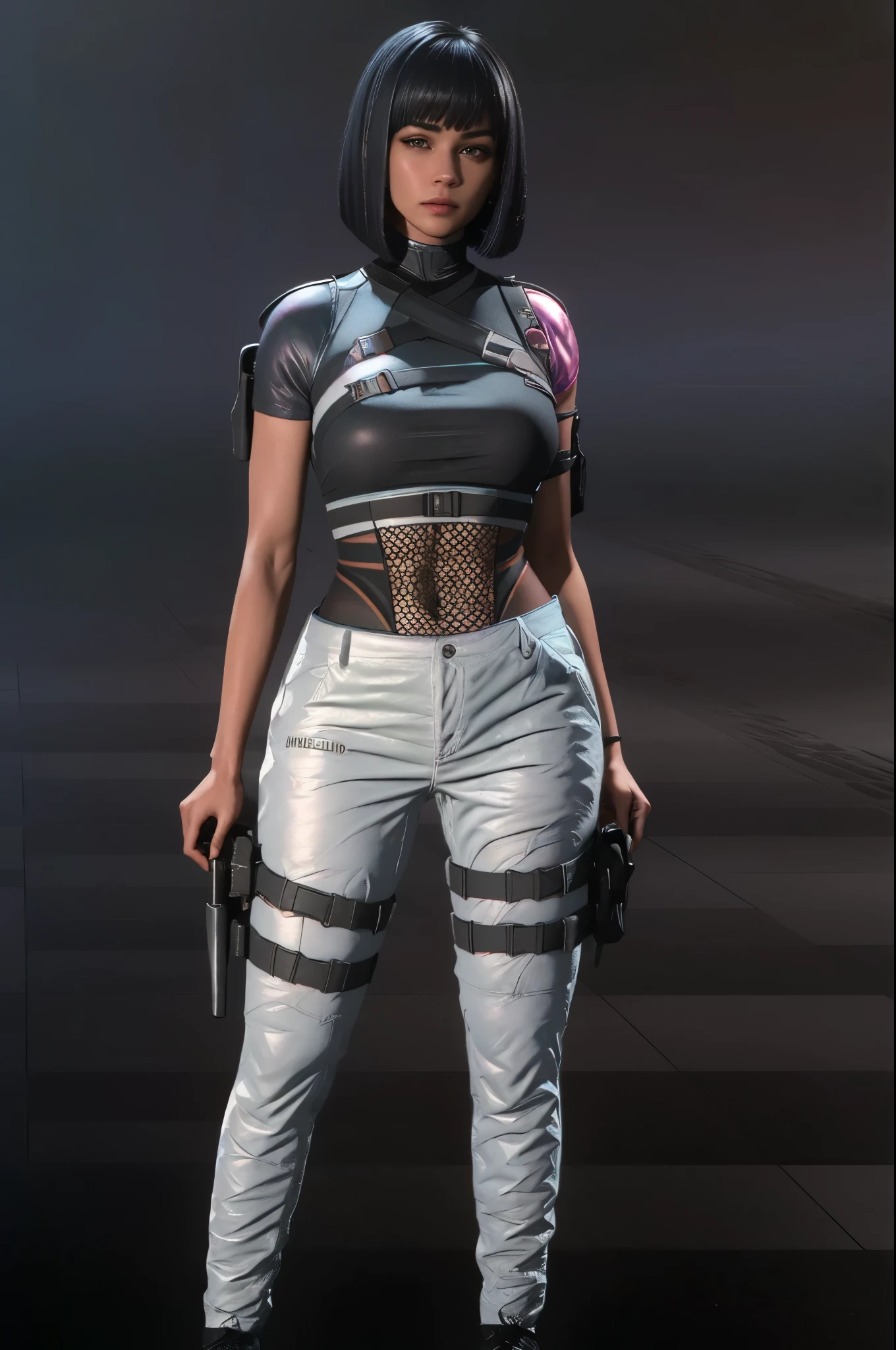 (full body portrait, 1 girl, looking at viewer, highly detailed, anatomy correct:1.4), white pants, black boots, tactical gear, bob haircut, black hair, american features, Sharp focus, katana on back, short sleeve, caucasian, sexy pose, ((Best quality, masterpiece, Very beautiful woman)), Depth-of-field, Multi-layered textures, HDR (High Dynamic Range), Ray Tracing, NVIDIA RTX, Unreal 5, Subsurface scattering, PBR Texturing, Post-processing, Anisotropic Filtering, Maximum clarity and sharpness, Wide aperture, Low ISO, White balance, Rule of thirds, 8K RAW, (extremely slutty), (Highly realistic skin), sharp image, (extremely high quality artwork),