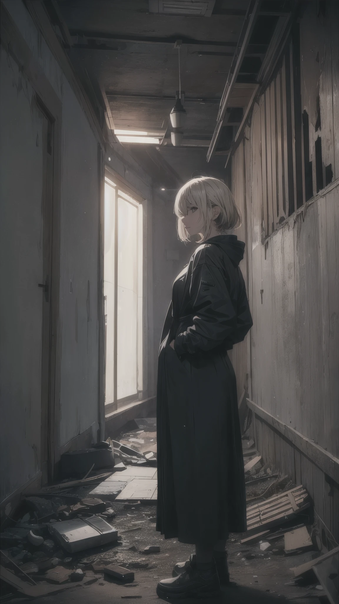 (best quality,4k,highres,ultra-detailed,realistic:1.2) in the night,Inside the abandoned house,Inside the dark huge room,one woman 20years old,short blonde hair,she’s wearing army’s style,the woman is standing on the dark room,(woman close up)