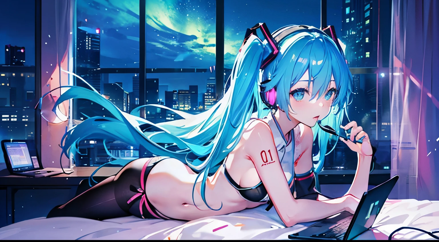 In bed with headphones、Studying on a laptop、Hatsune Miku in a bikini、Beautiful night view outside the window