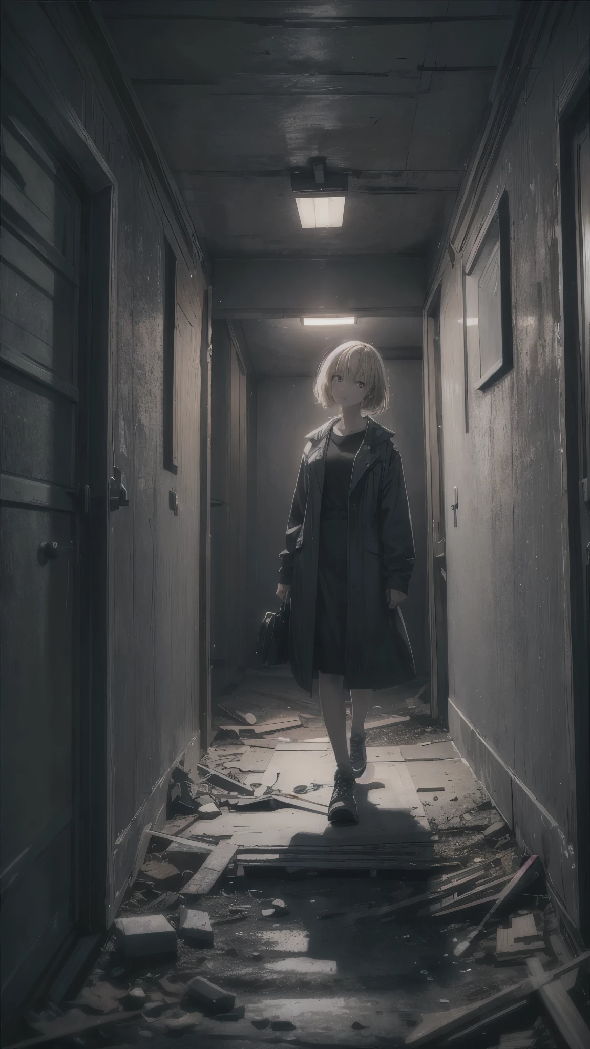 (best quality,4k,highres,ultra-detailed,realistic:1.2) in the night,Inside the abandoned house,Inside the dark huge room,one woman 20years old,short blonde hair,she’s wearing army’s style,the woman is standing on the dark room,(woman close up)