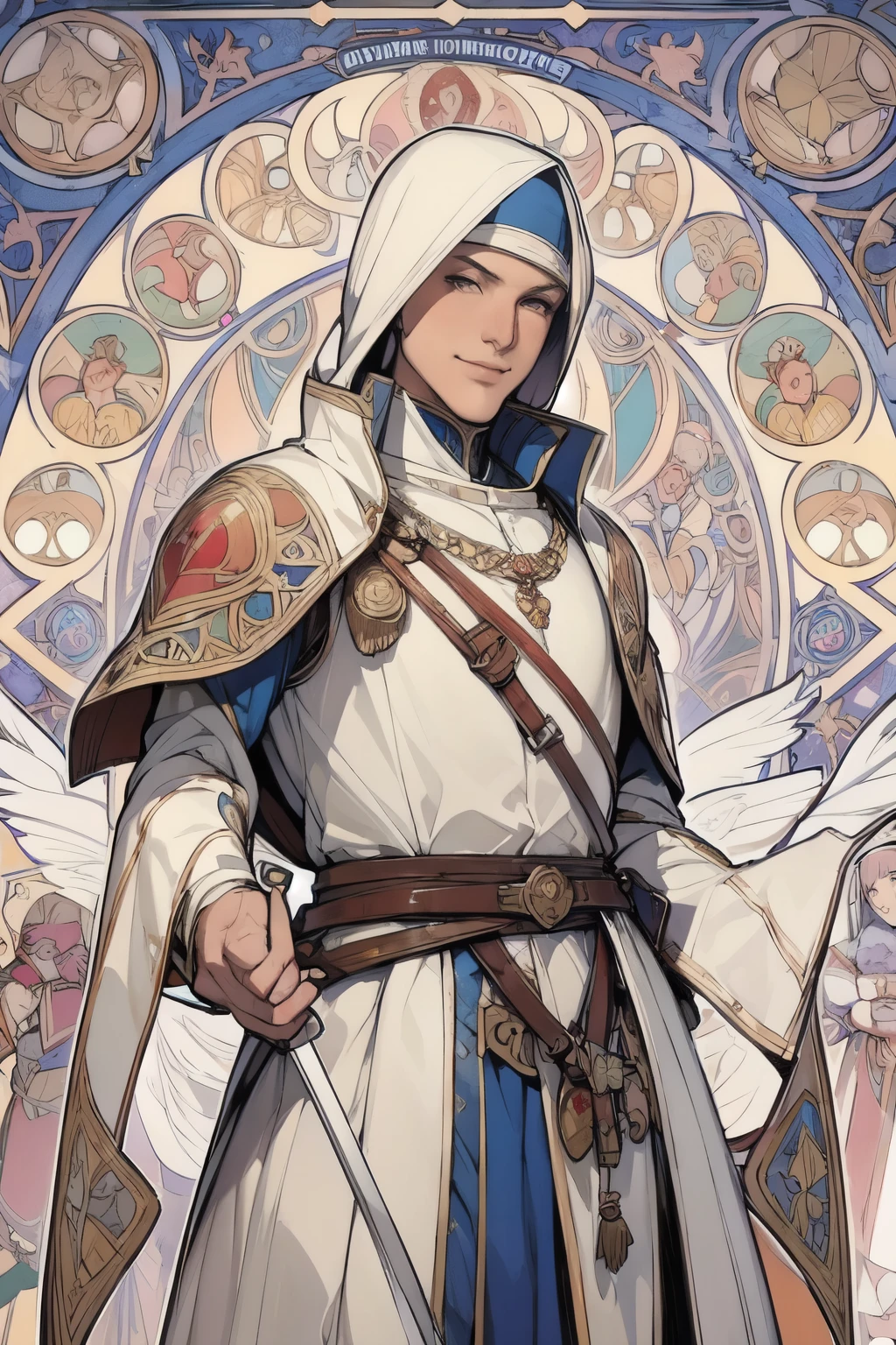 man with a full view,poses,Arcaniic smile,background white,(Medieval soldier),(Mucha in the background)