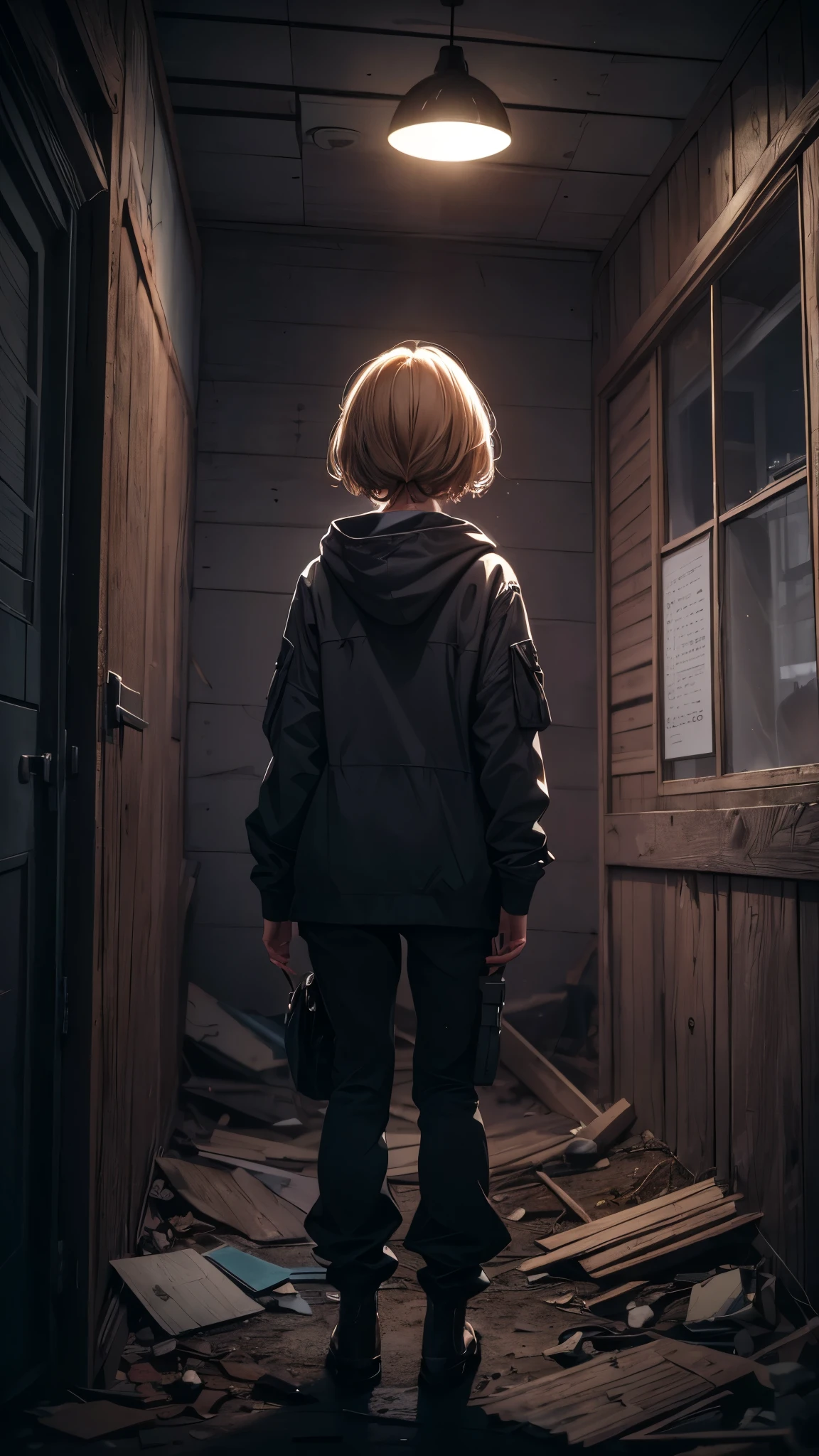 (best quality,4k,highres,ultra-detailed,realistic:1.2) in the night,Inside the abandoned house,Inside the dark huge room,one woman 20years old,short blonde hair,she’s wearing army’s style,the woman is standing on the dark room,(woman close up)