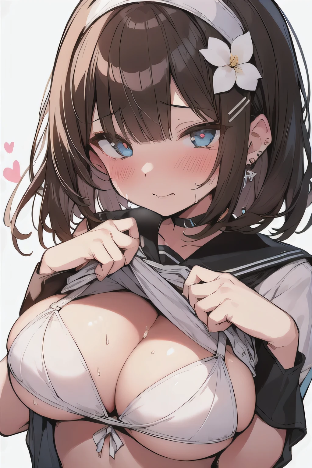 (best quality), (Super detailed), (Best Illustration), (1woman), look at viewer, (Ahegao:1.2), (show off bra:1.3), (white serafuku), (very big Breasts:1.2), {brown hair, (bob cut:1.2), curly hair, hairs between eyes}, {(detailed eyes), heart-shaped pupils, blue eyes}, blush, sweat, steam, earrings, flower hairband, (white background:1.3),