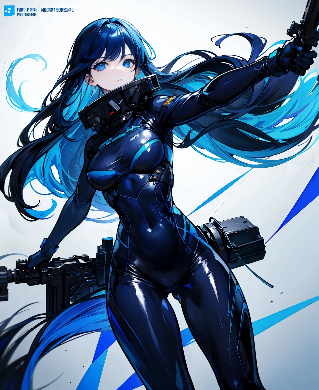 There is no background,girl,Carry a firearm,Patent leather tight suit,Use of firearms,Navy blue long hair,attention arousal,Blue colored eyes,No gradients
