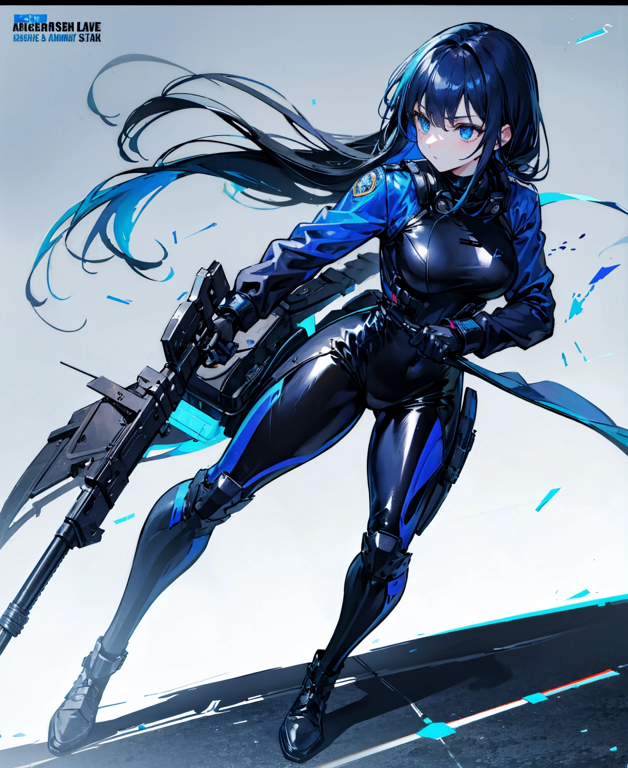 There is no background，girl，Carry a firearm，Patent leather tight suit，Use of firearms，Navy blue long hair，attention arousal，Blue colored eyes,No gradients