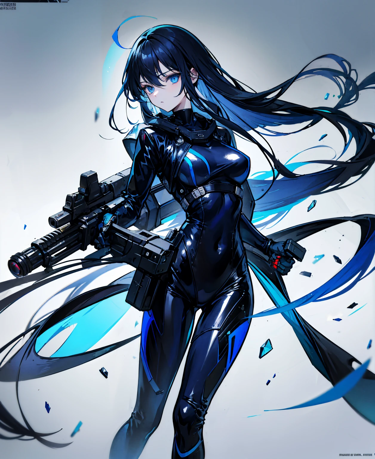 There is no background,girl,Carry a firearm,Patent leather tight suit,Use of firearms,Navy blue long hair,attention arousal,Blue colored eyes,No gradients