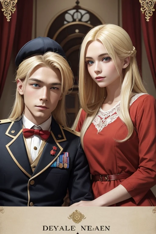 man blonde long hair soldier and woman blonde hair with dress red 1920