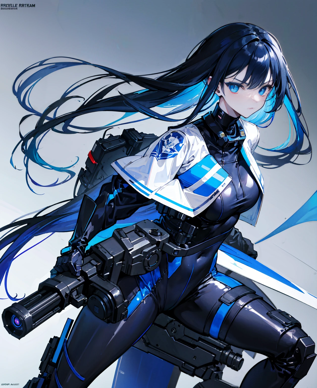 There is no background,girl,Carry a firearm,Patent leather tight suit,Use of firearms,Navy blue long hair,attention arousal,Blue colored eyes,No gradients
