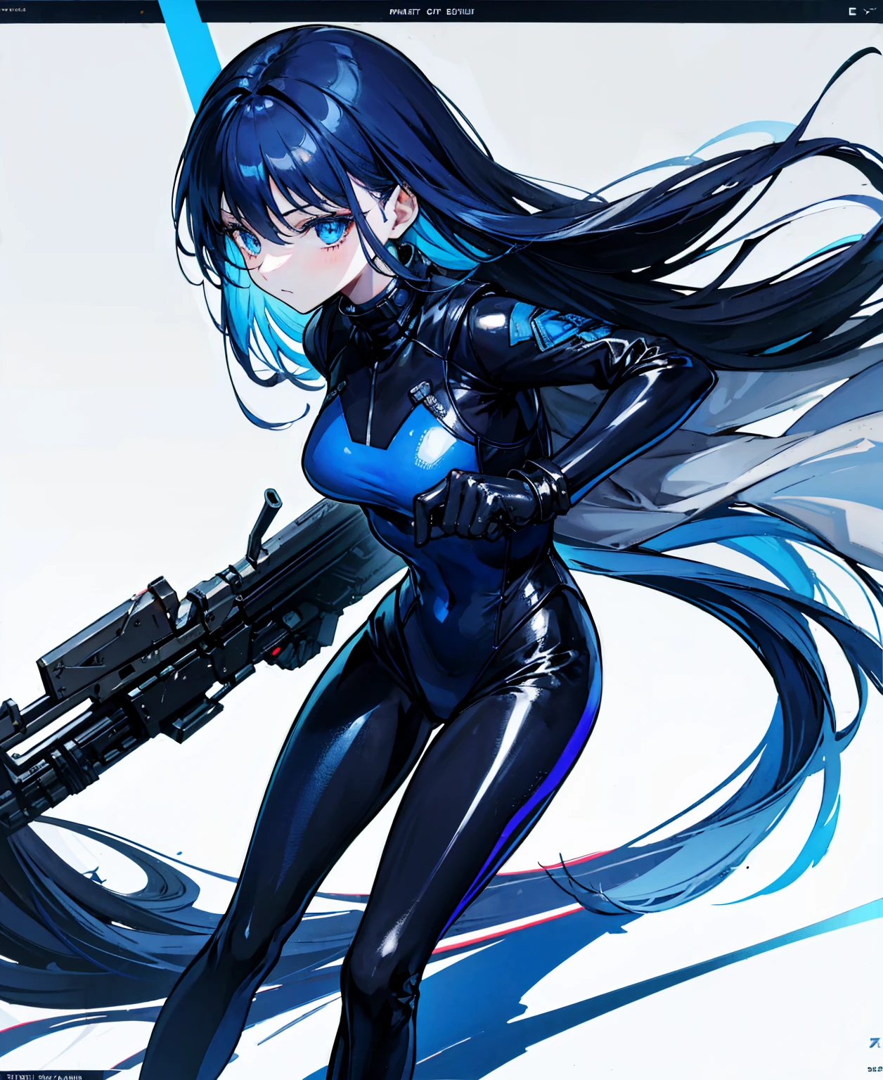 There is no background，girl，Carry a firearm，Patent leather tight suit，Use of firearms，Navy blue long hair，attention arousal，Blue colored eyes,No gradients