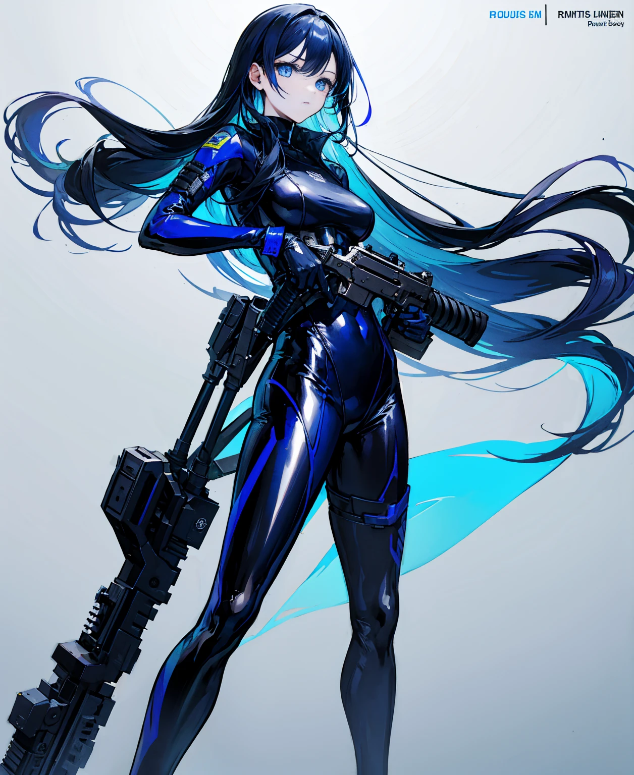 There is no background,girl,Carry a firearm,Patent leather tight suit,Use of firearms,Navy blue long hair,attention arousal,Blue colored eyes,No gradients