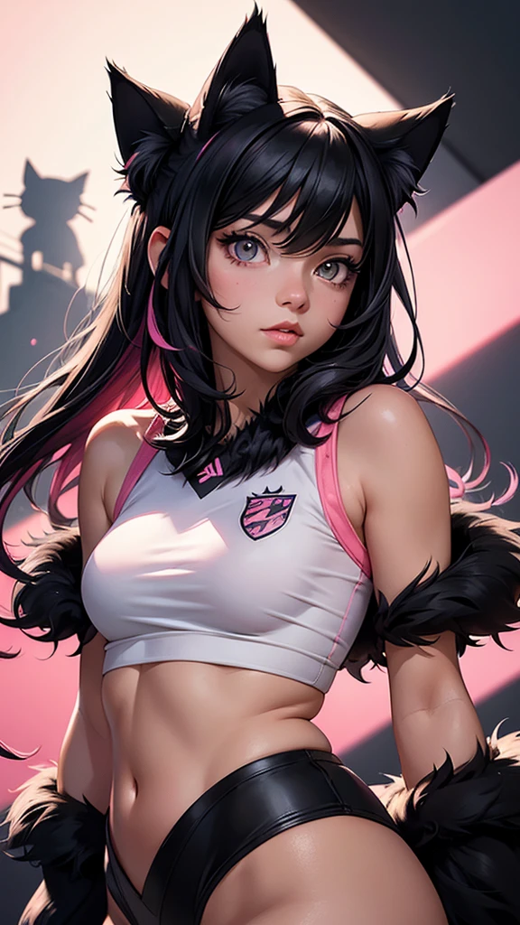 (high resolution, upper body, soft skin:1.2),(best illustration,masterpiece:1.2),ultra-detailed,[(cat ears,black fur,pink inside:1.2),vivid colors,sharp focus,portrait,studio lighting,bokeh, wearing a female soccer jersey and shorts, field background, full body portrait
