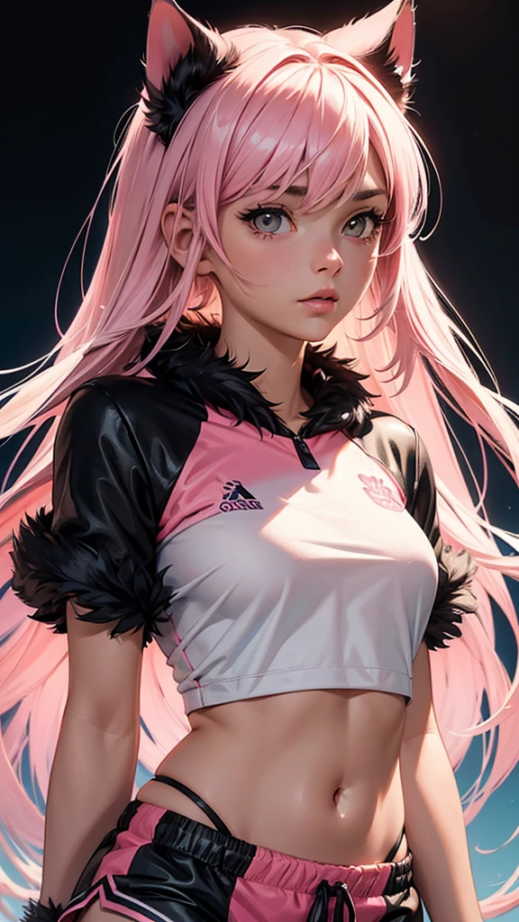 (high resolution, upper body, soft skin:1.2),(best illustration,masterpiece:1.2),ultra-detailed,[(cat ears,black fur,pink inside:1.2),vivid colors,sharp focus,portrait,studio lighting,bokeh, wearing a female soccer jersey and shorts, field background, full body portrait