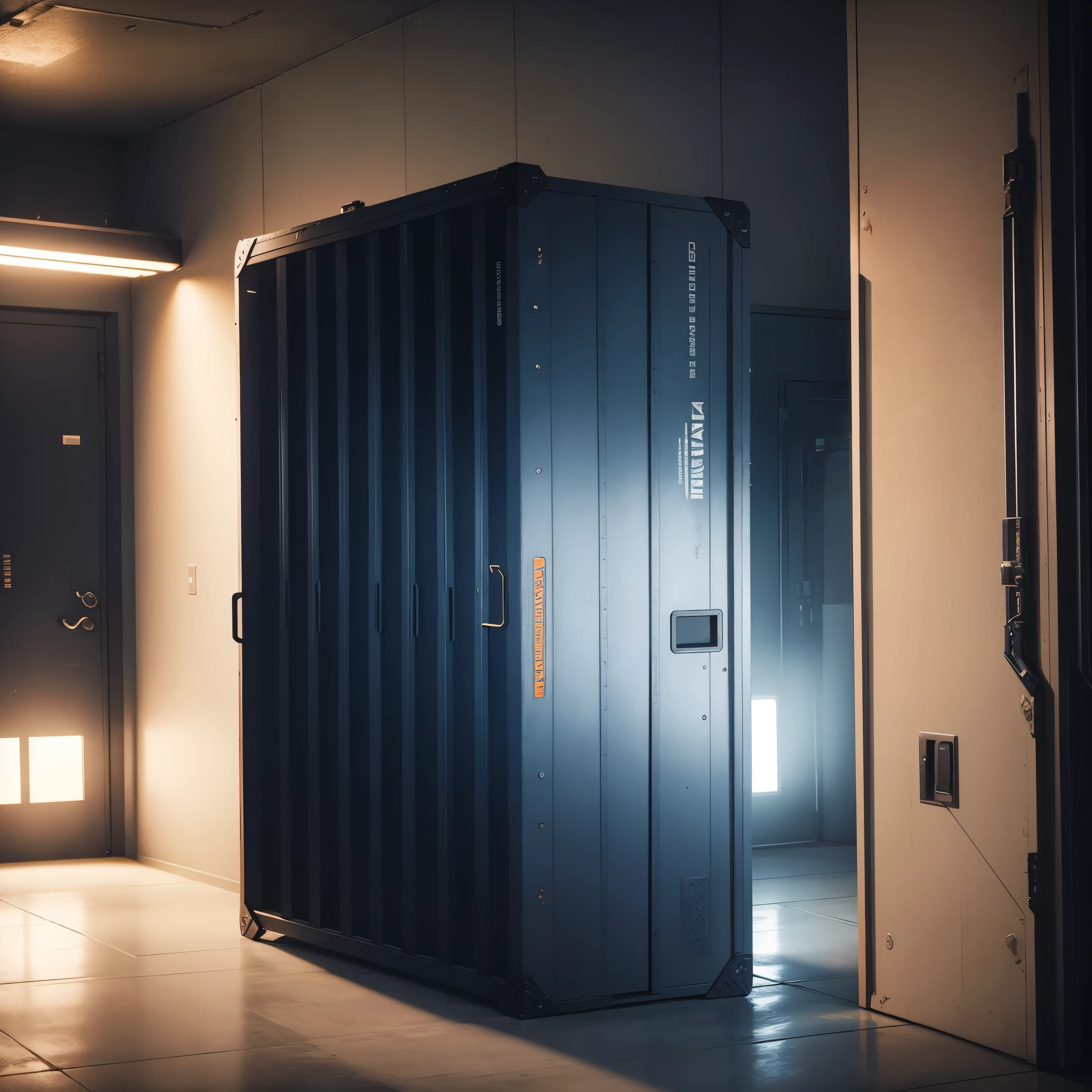 the call of duty armory is a dark room with white lights and not windows, there are weapon cases, military boxes in blue color, military boxes in orange color, no people, a lot of smoke from cigar