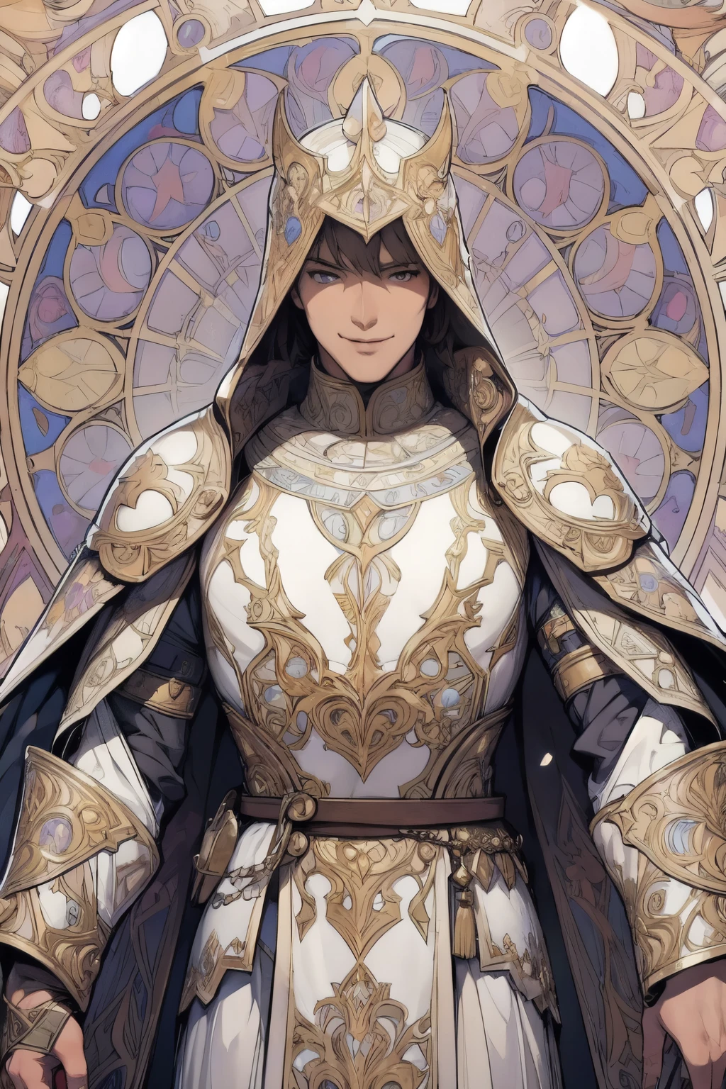 man with a full view,poses,Arcaniic smile,background white,(knight),(Mucha in the background)