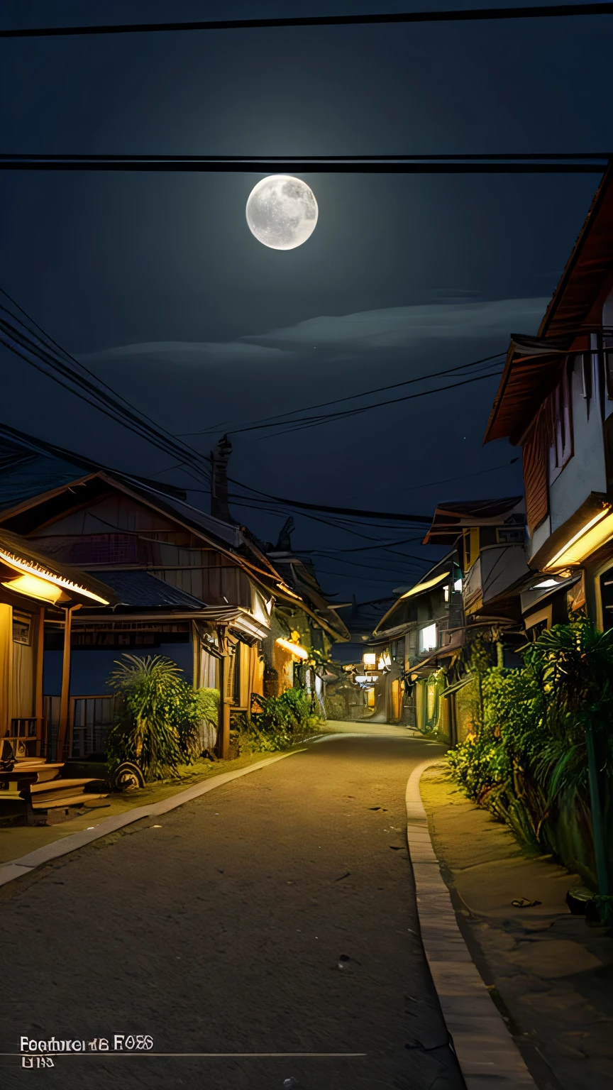 Indonesia,Java,nighttime view of a street with a row of small houses and moon, villages , unreal engine, realistic photo of a town, moonlit kerala village, nightime village background, night time render, photo-realistic low lighting, hdr render in unreal engine 5, beautiful and cinematic lighting, unreal engine 5 lighting, cinematic lighting at night, realistic unreal engine 5